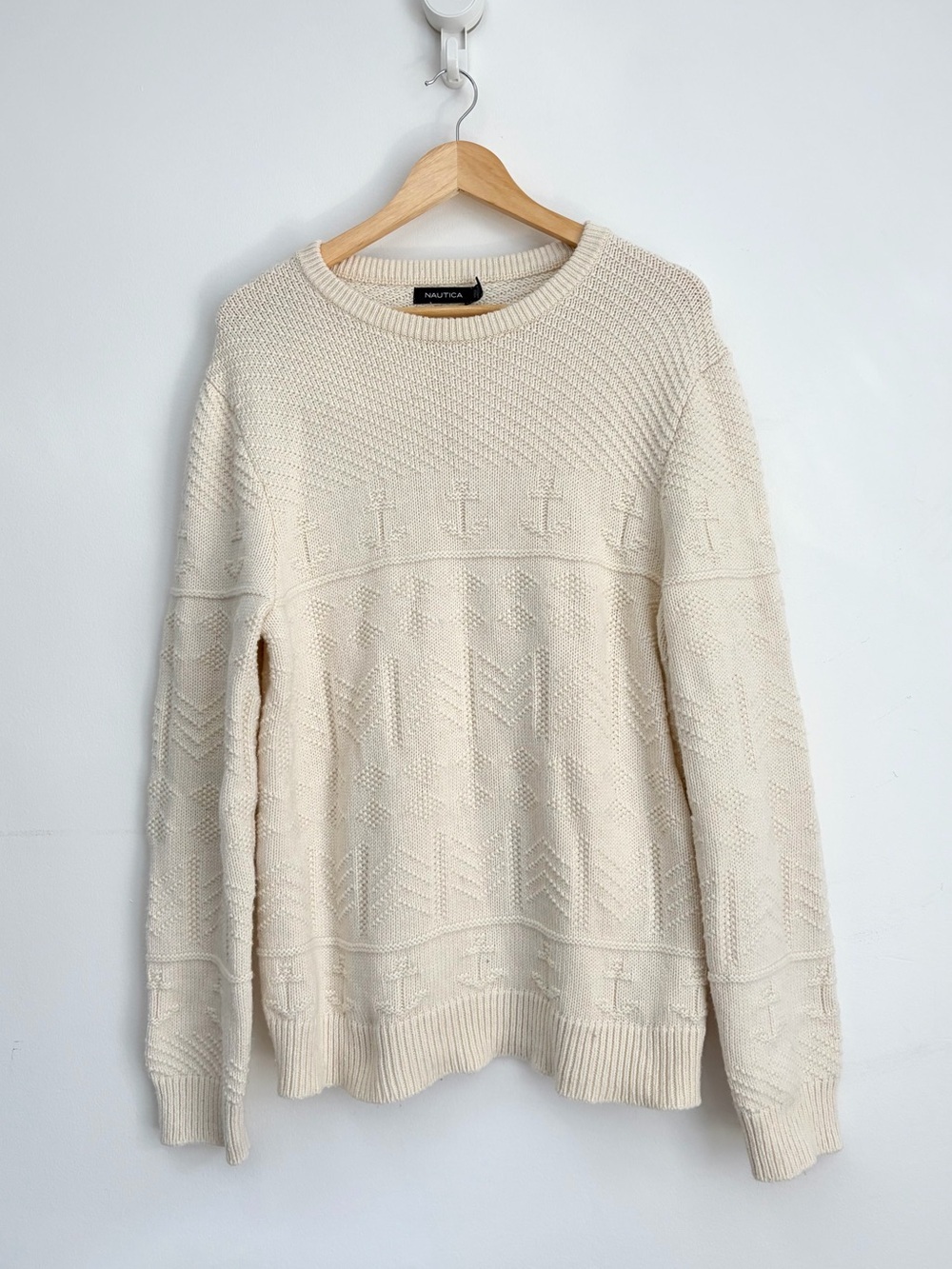 Nautica - Cream Textured Anchor Knit Sweater - Preppy Cotton Wool Blend - Size L
